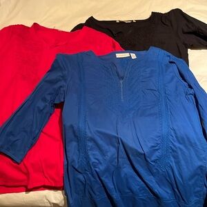 3 Indian-style cotton tunics. Ayurvastram (black), Chico’s (blue), no tag (red).